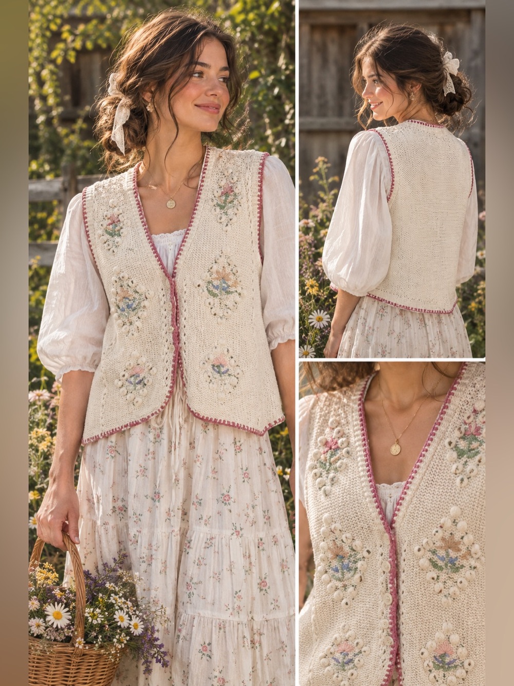 Vintage Leslie Fay Embroidered Knit Vest Floral Ramie Cotton Size Small